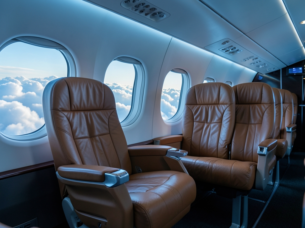 Spacious aircraft cabin interior with wide leather seats