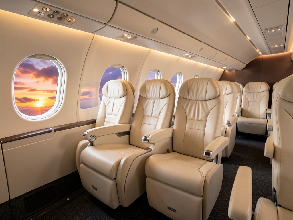 Spacious airplane cabin with cream leather reclining seats