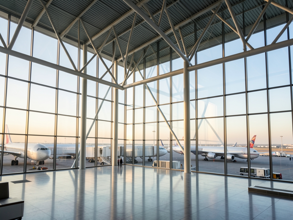 Spacious modern airport terminal with glass walls steel