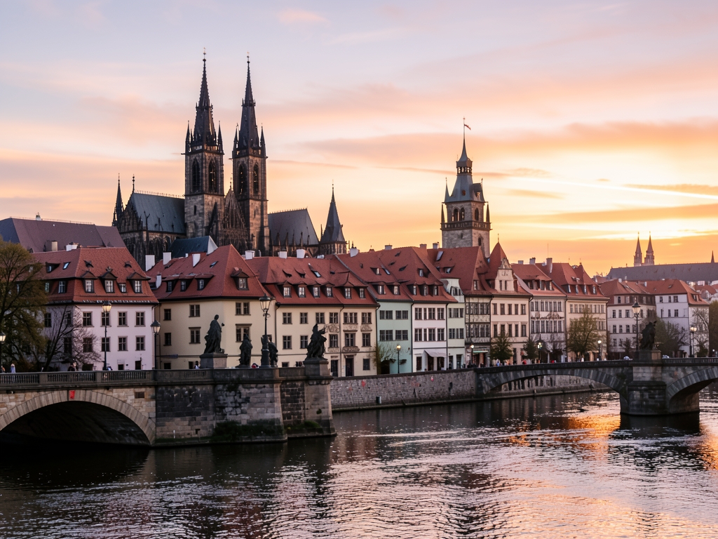 Warm sunset light over Prague historic rooftops gothic