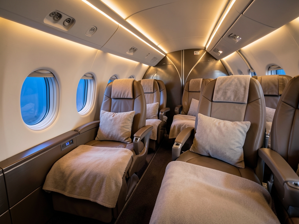 Wide body aircraft cabin interior with lie flat seats warm
