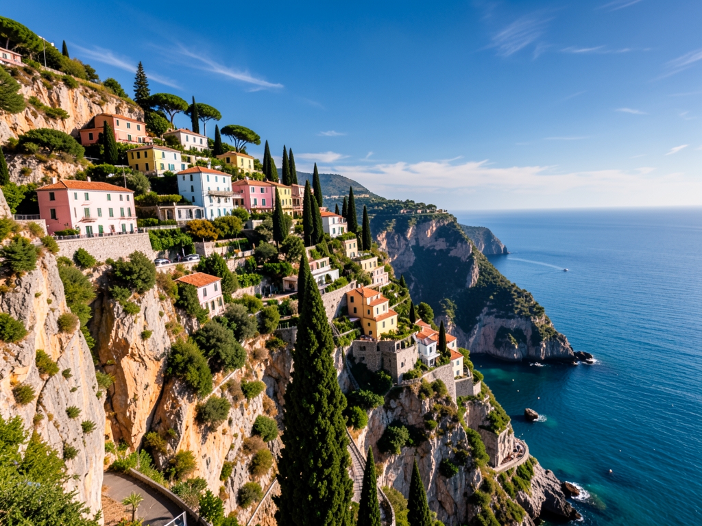 Sunlit Amalfi Coast cliffs with pastel stone villas