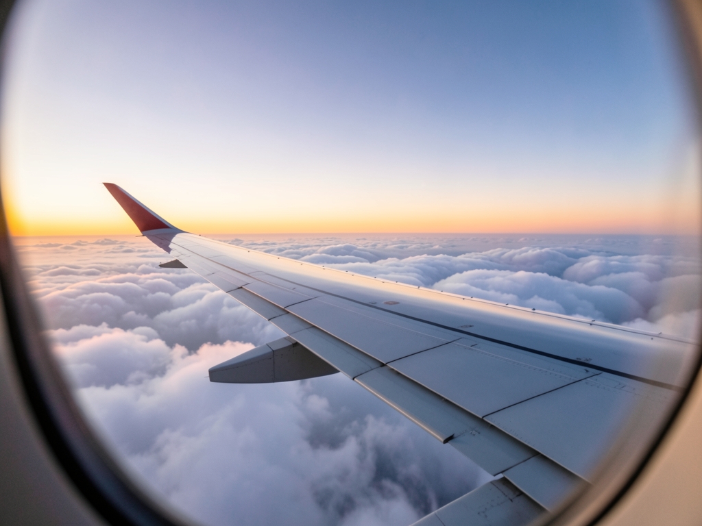 Airplane wing above soft white clouds warm sunset