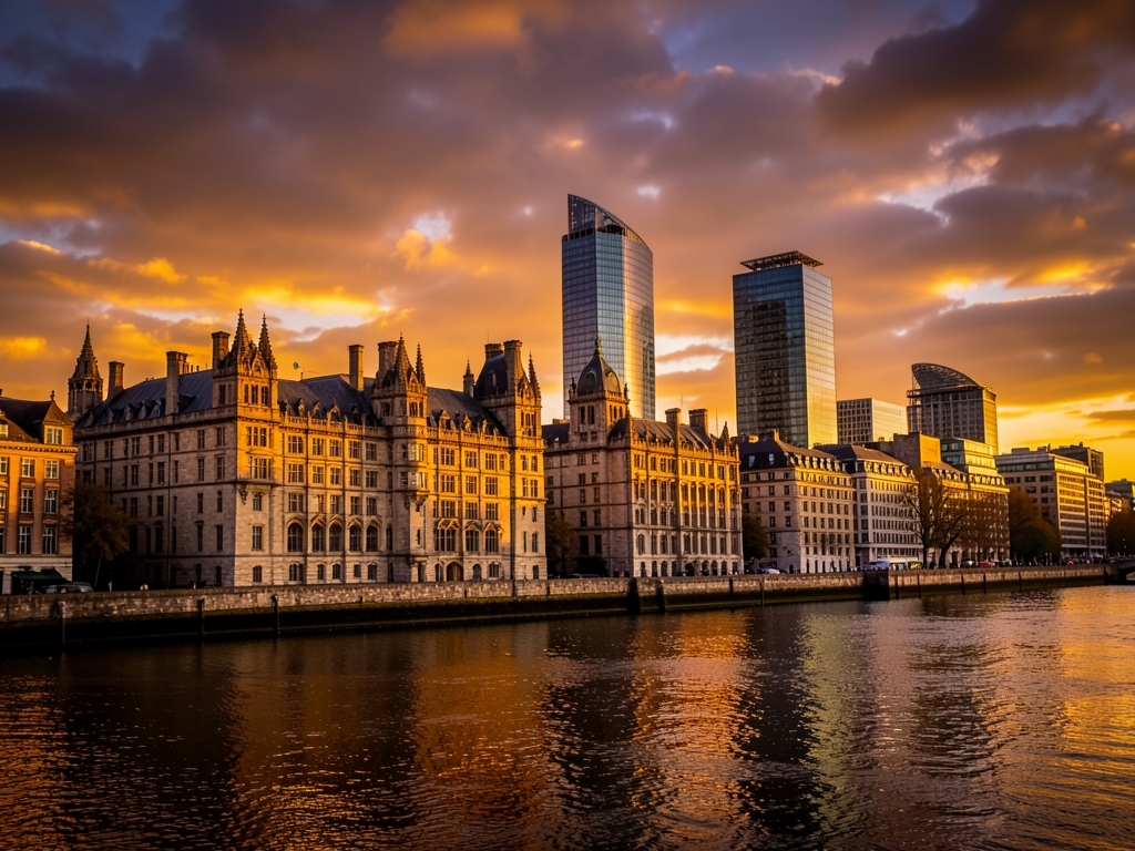 London riverside skyline golden dusk with historic stone