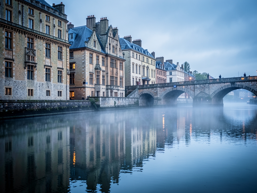 Historic Thames riverside with stone buildings arched bridges