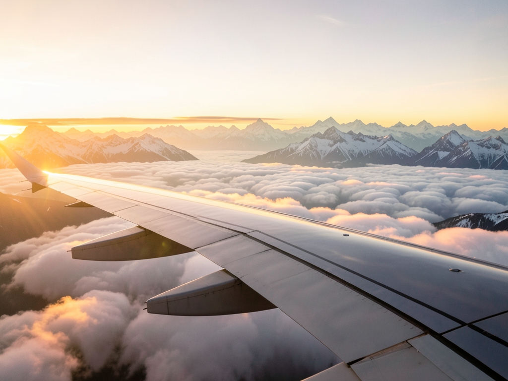 Airplane wing above soft sunset clouds with distant