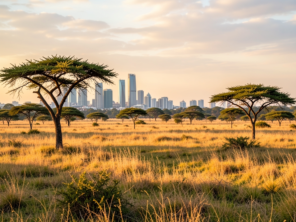 Wide Nairobi savanna golden hour with acacia trees