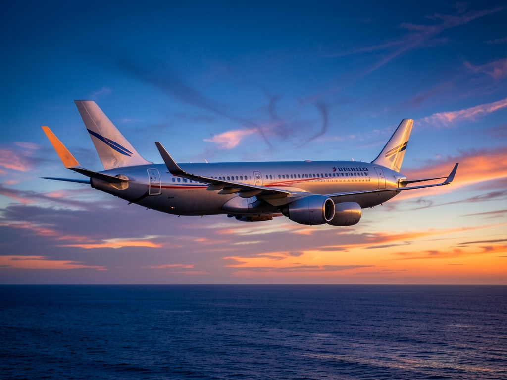sleek commercial aircraft glides through twilight above Mediterranean