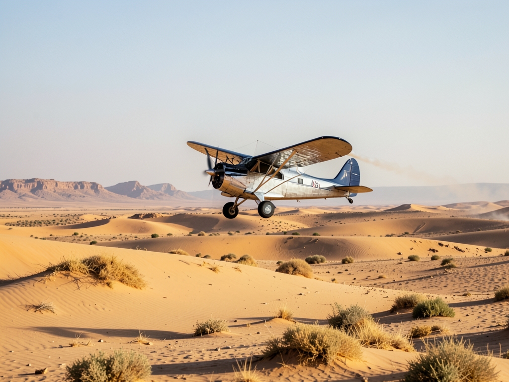 vintage airplane glides over arid Uzbek landscape leaving