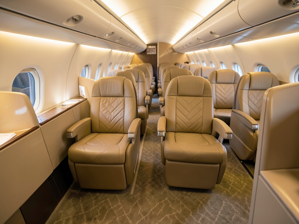 Spacious business class airplane cabin with wide lie flat