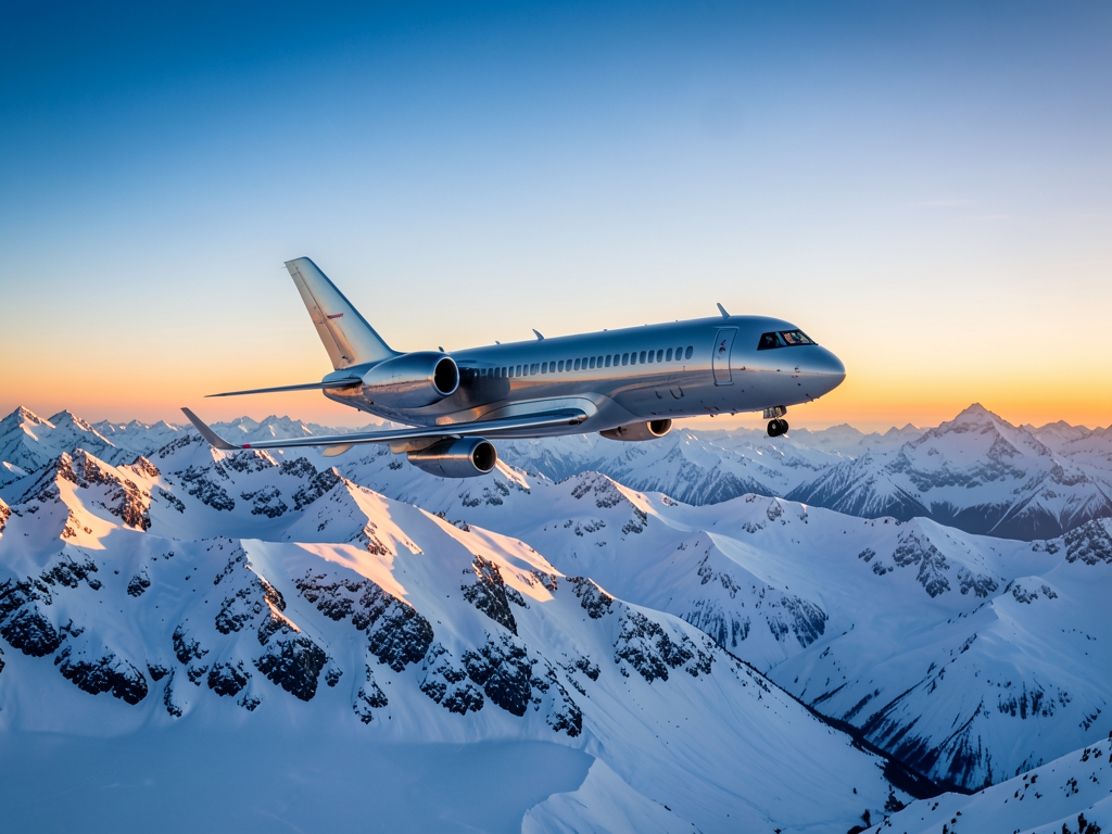 sleek silver aircraft glides over snow capped Alpine peaks