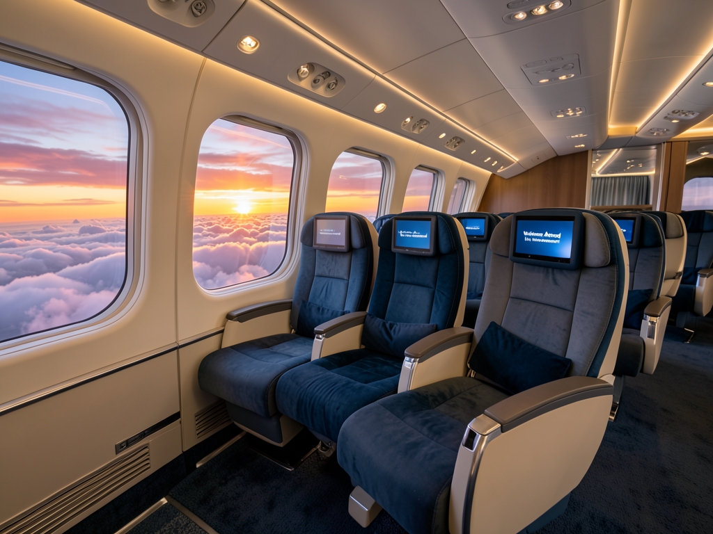 Modern widebody business class cabin with lie flat seats