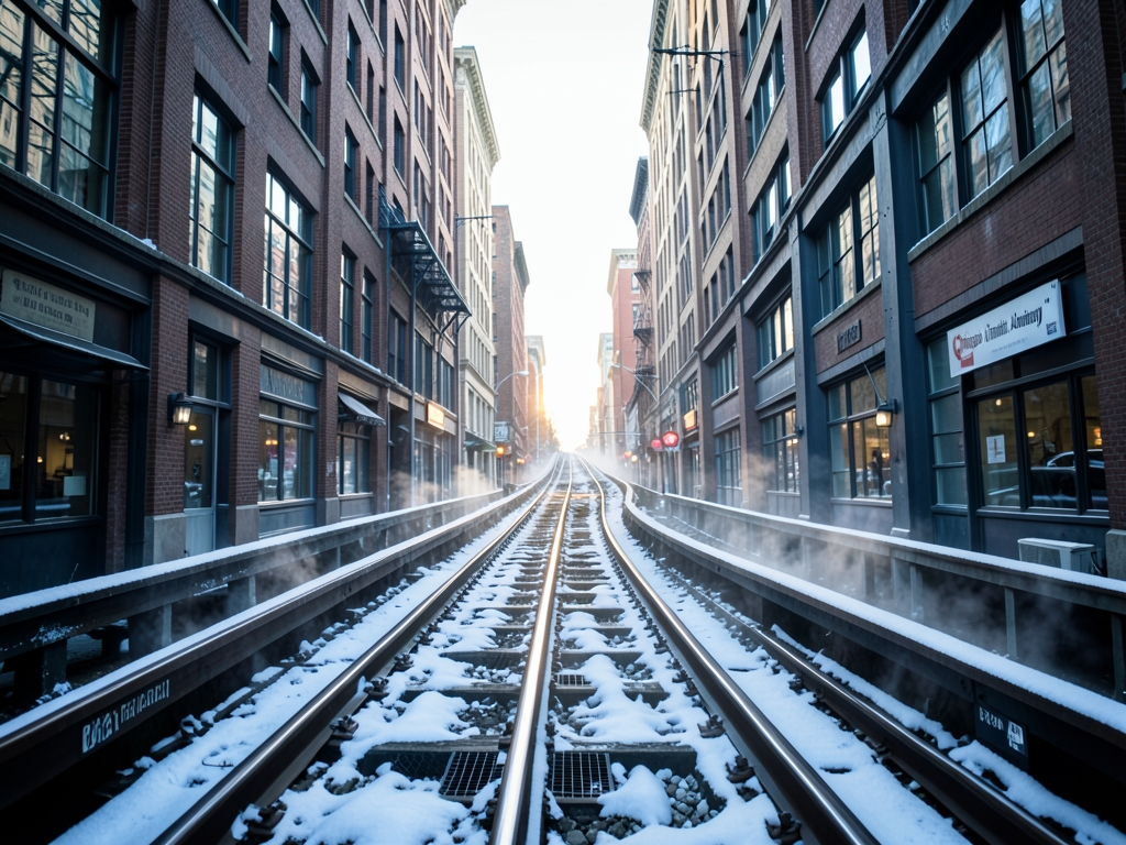 Snow dusted elevated train tracks winding between brick steel