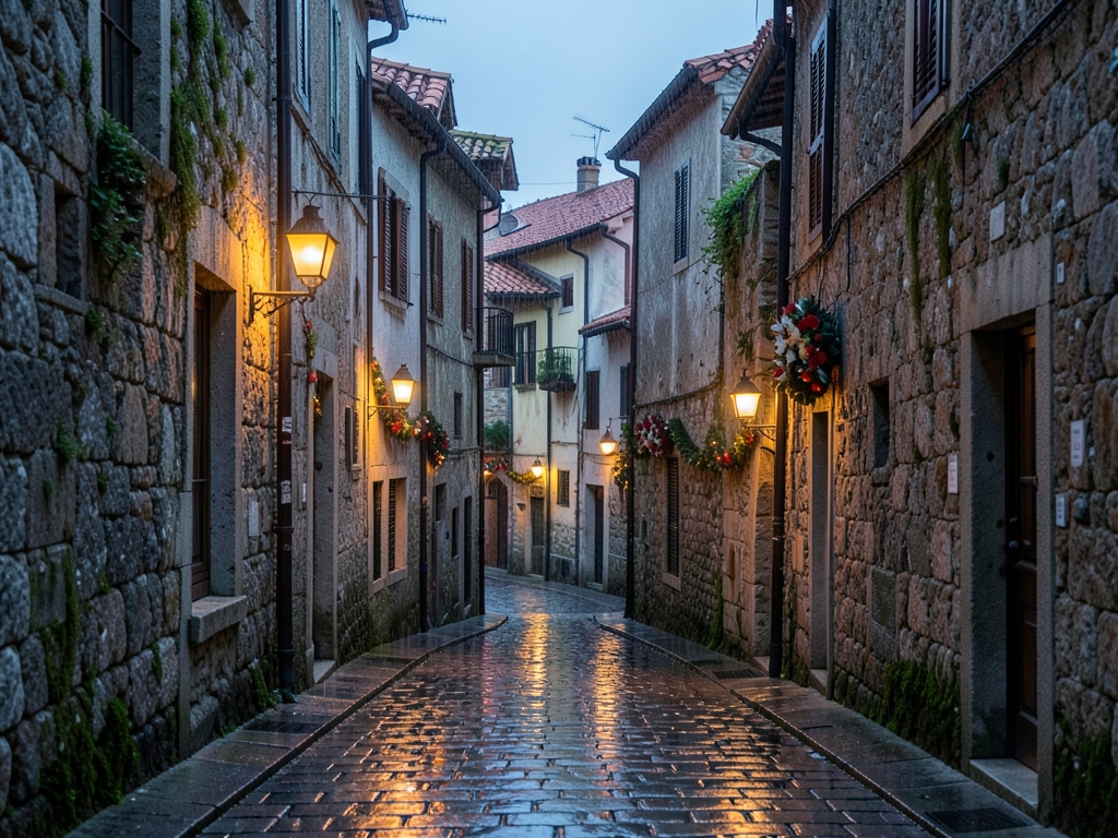 Rainy Lisbon old town alley dusk terracotta roofs stone