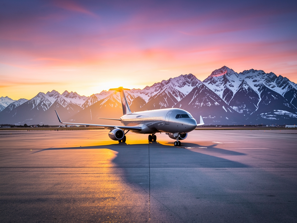 Sunset hues reflecting sleek airport tarmac where modern