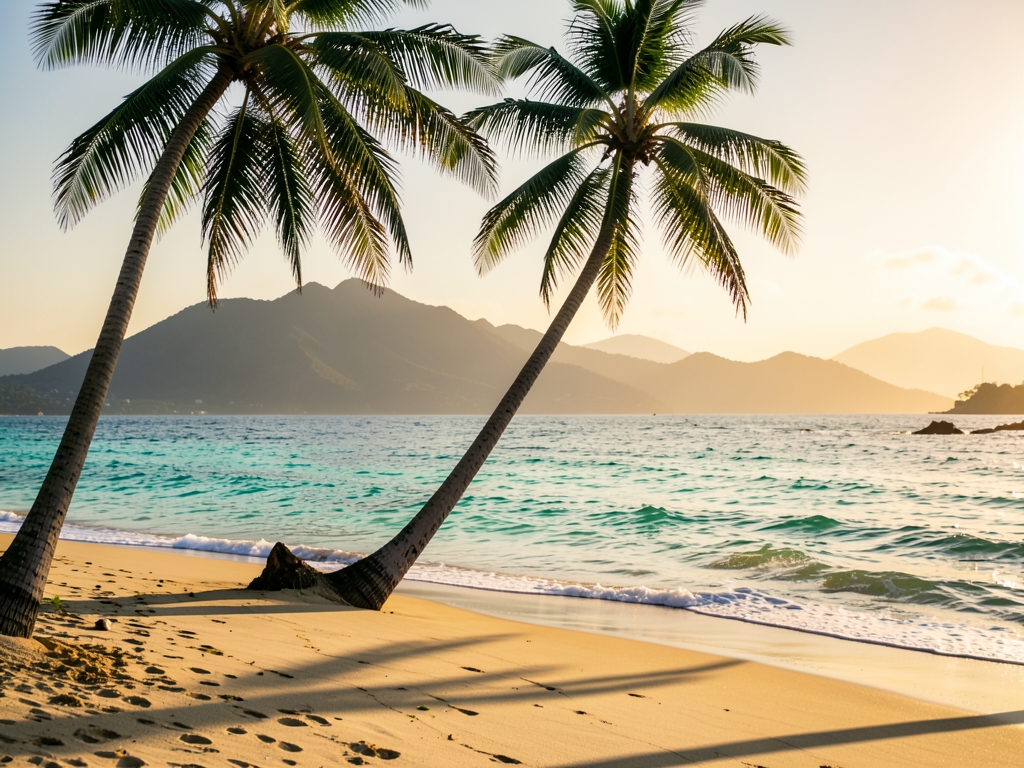 Tropical Honolulu beach dawn with swaying palms turquoise