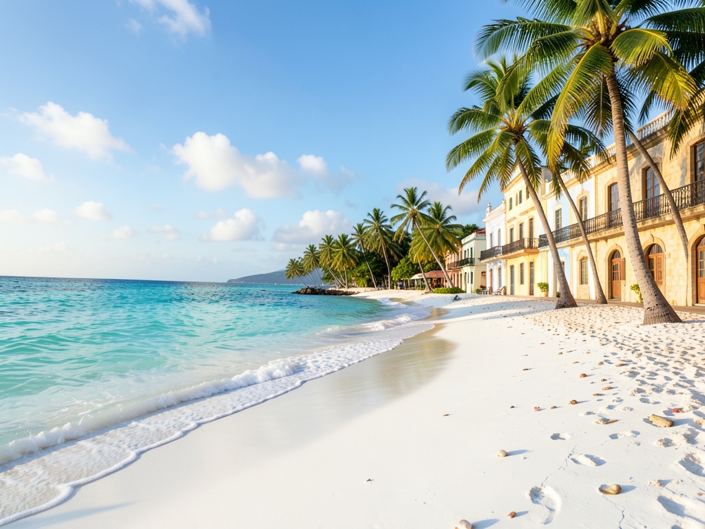 Sunlit tropical coastline Puerto Rico with turquoise water