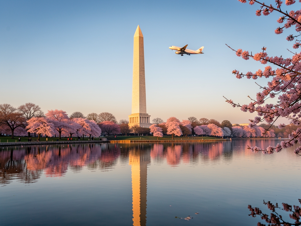 Golden hour view Washington Monument Tidal Basin cherry blossoms