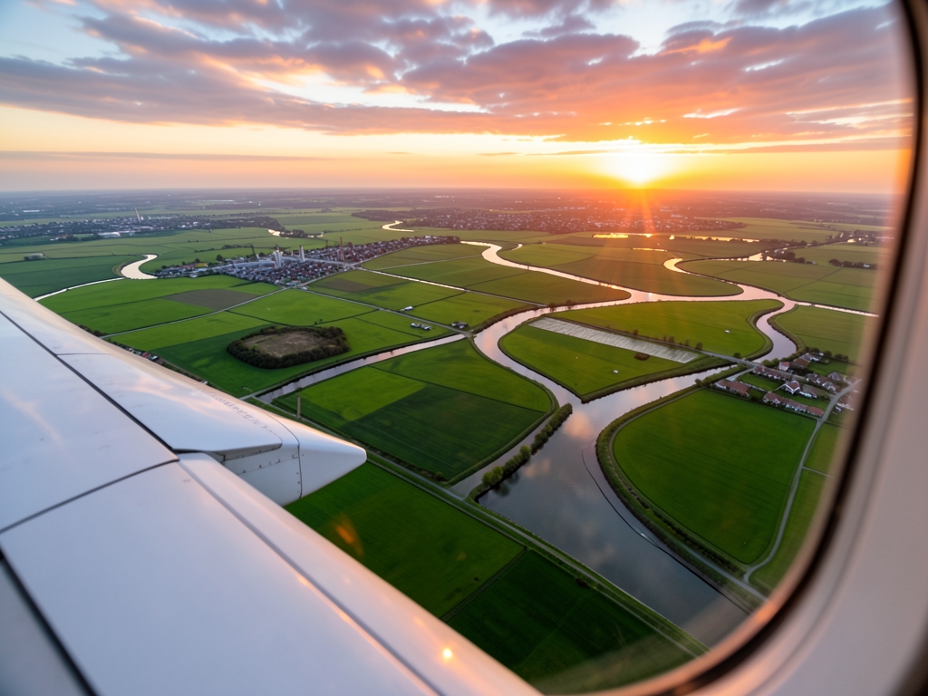 Airplane wing view over green polder fields winding