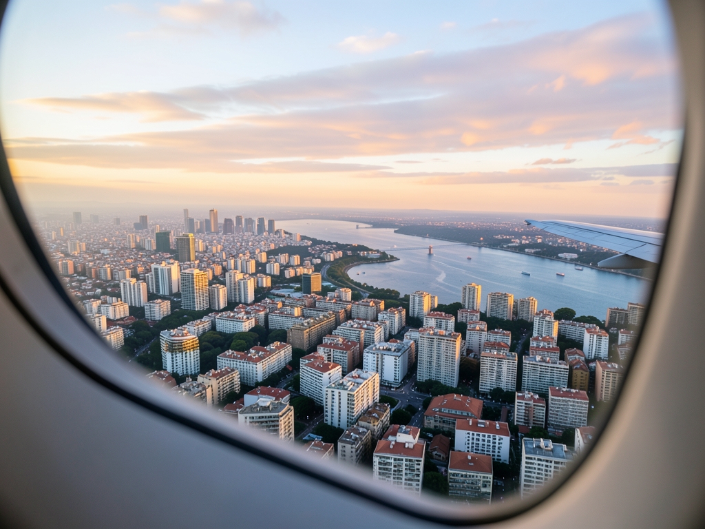 Golden hour view over Buenos Aires skyline river airplane