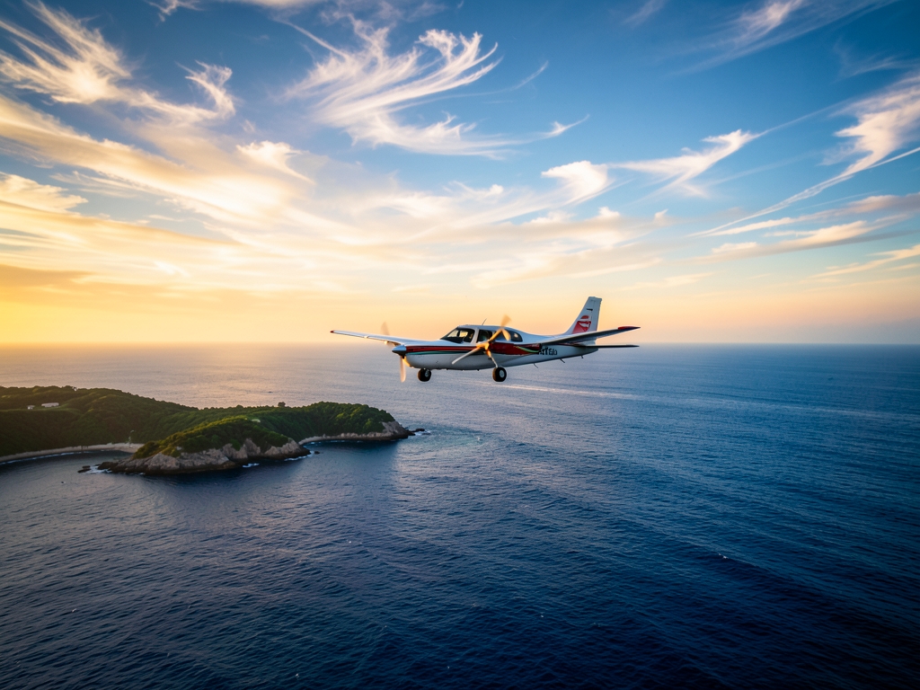small passenger plane gliding over deep blue Atlantic