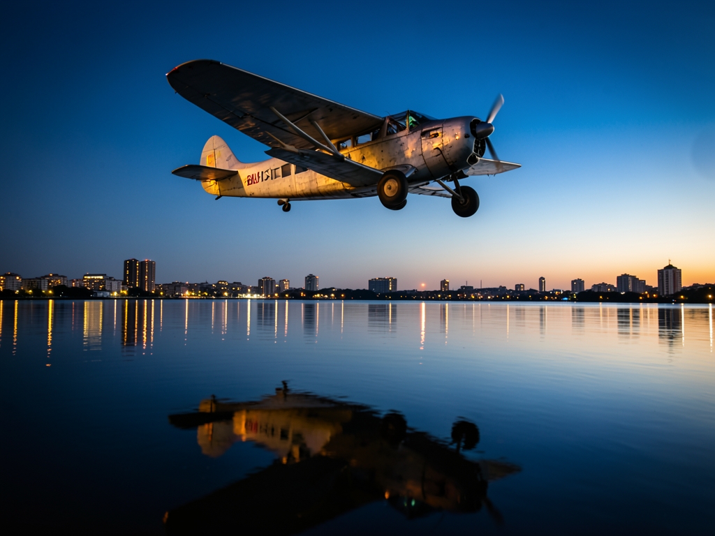 vintage airplane glides through twilight above Plata silhouette