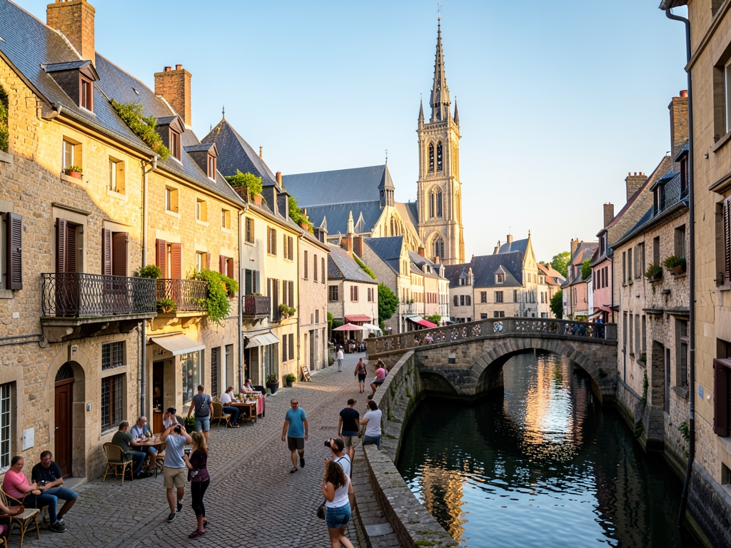 Charming historic European riverside town with stone bridges