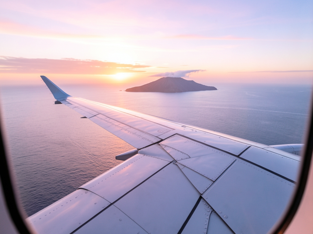 Airplane wing over Pacific sunrise seen from window