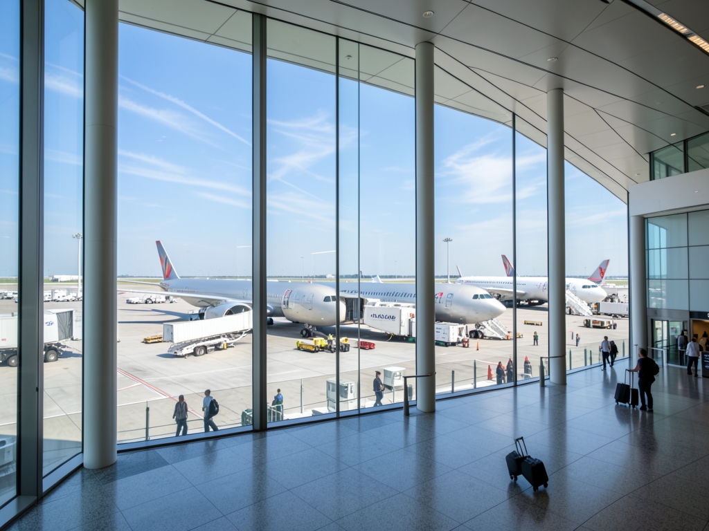 Spacious modern airport terminal with floor to ceiling glass overlooking