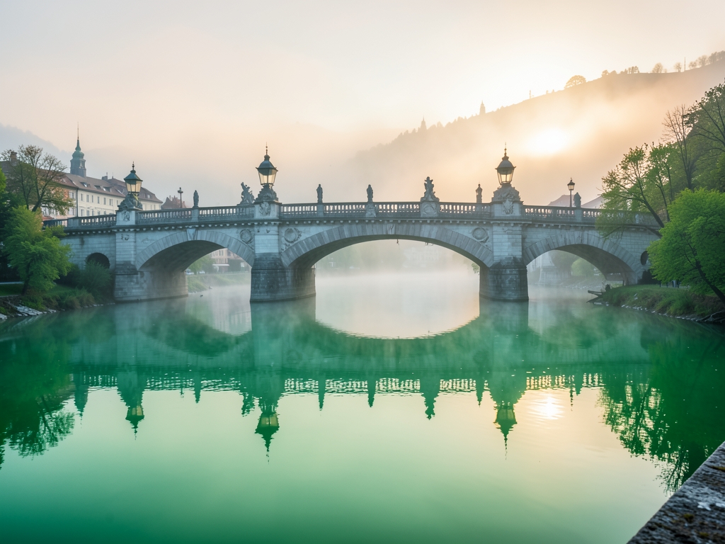misty morning view Triple Bridge reflected emerald Sava