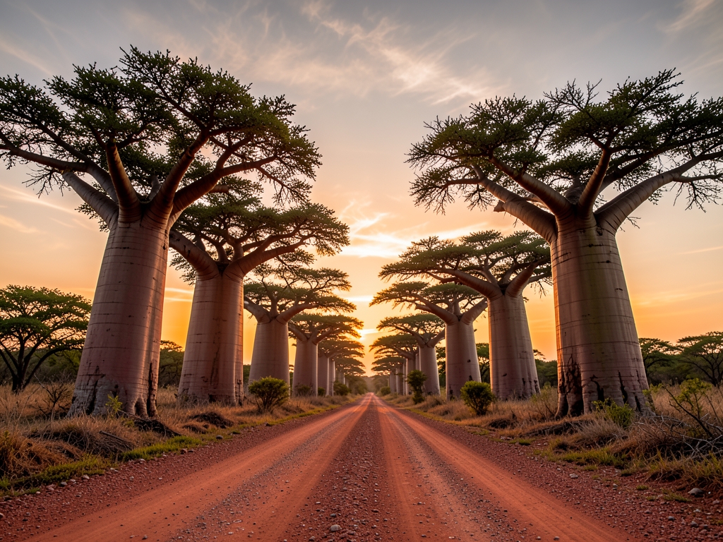 Sunset light over towering baobab trees lining dusty