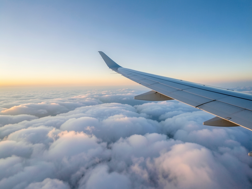 Airplane wing above soft winter clouds sunrise cool