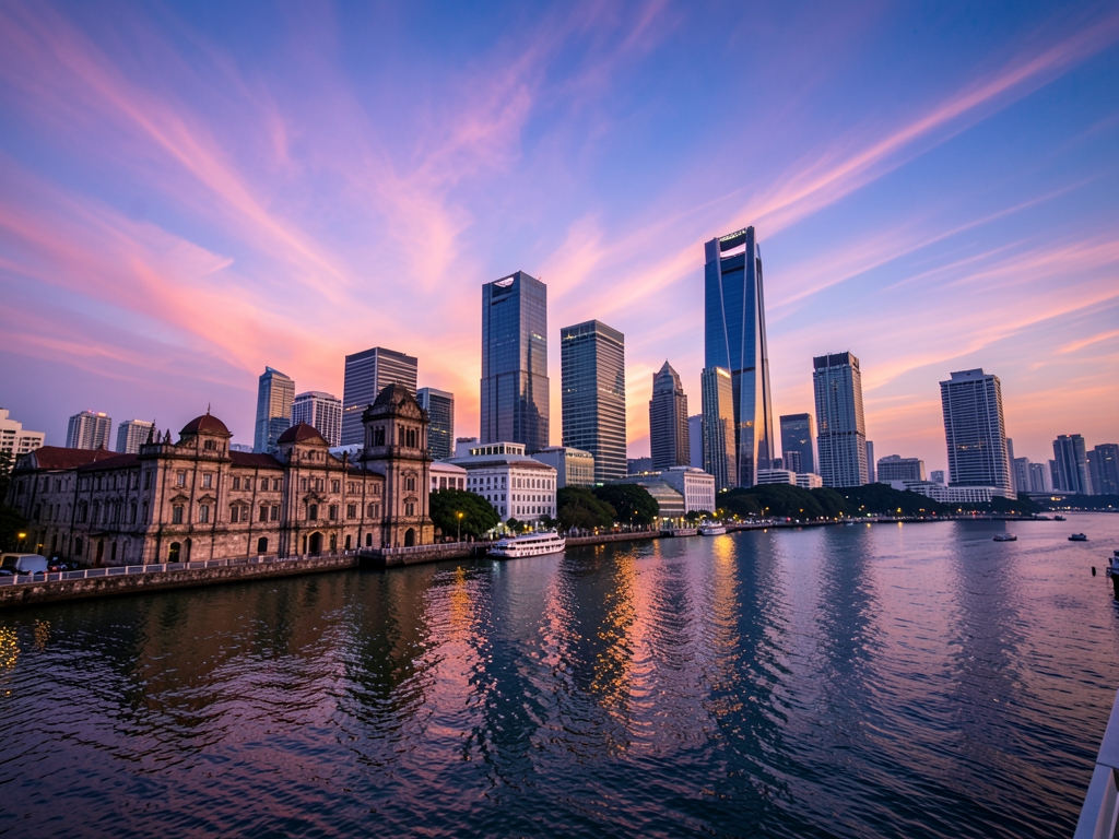 Manila skyline dusk with historic stone architecture modern