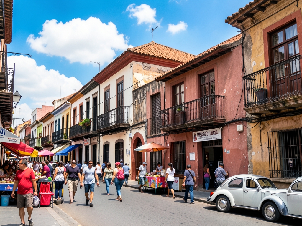 vibrant street scene Mexico City features colonial architecture