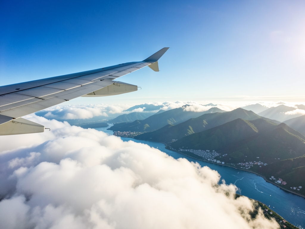 Airplane wing above bright morning clouds approaching misty