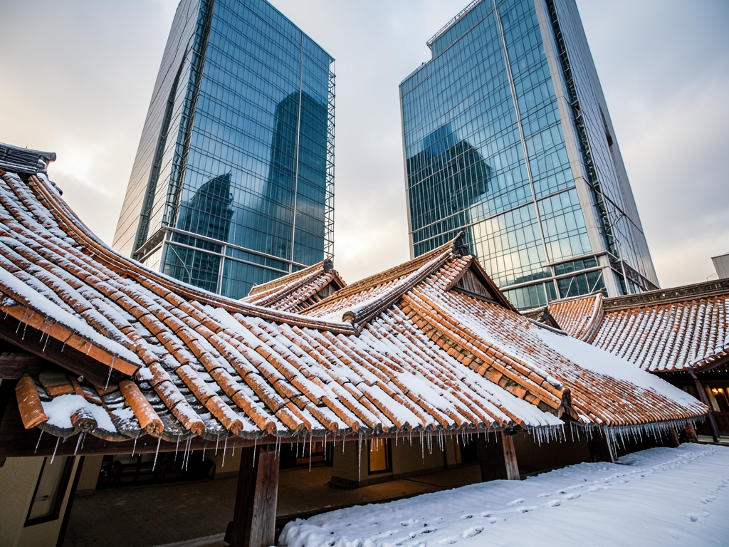 Traditional curved tile rooftops dusted with snow beside