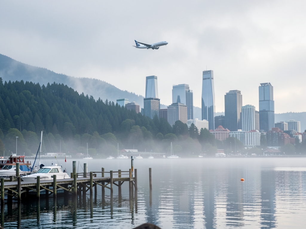 Misty morning over Seattle waterfront with evergreen hills