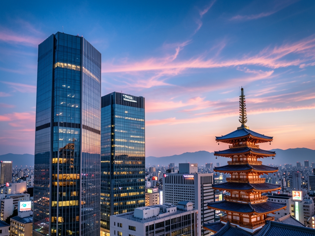 Tokyo skyline twilight with modern glass towers pagoda