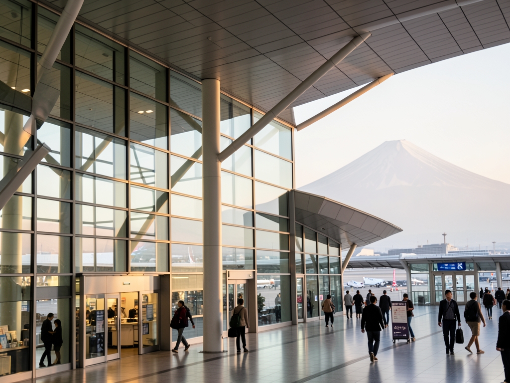 sleek modern terminal Narita International Airport bathed soft