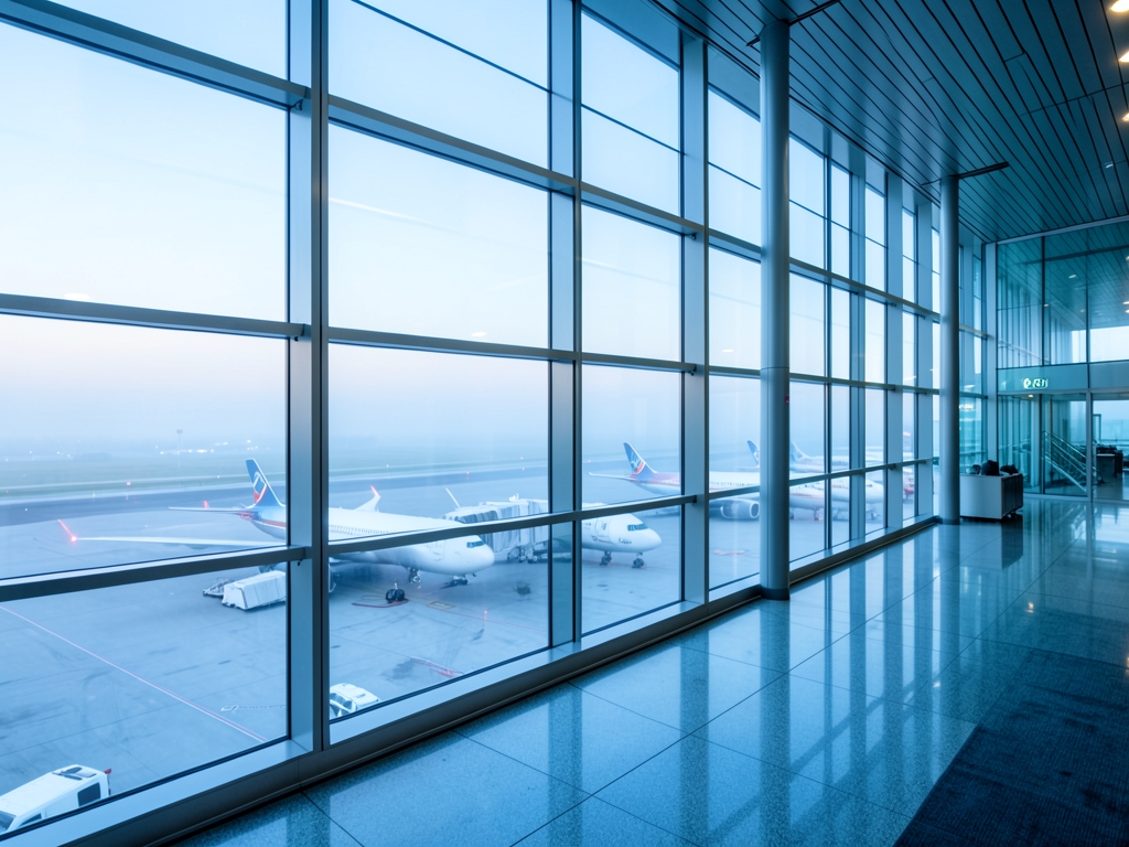 Bright modern airport terminal with high glass walls