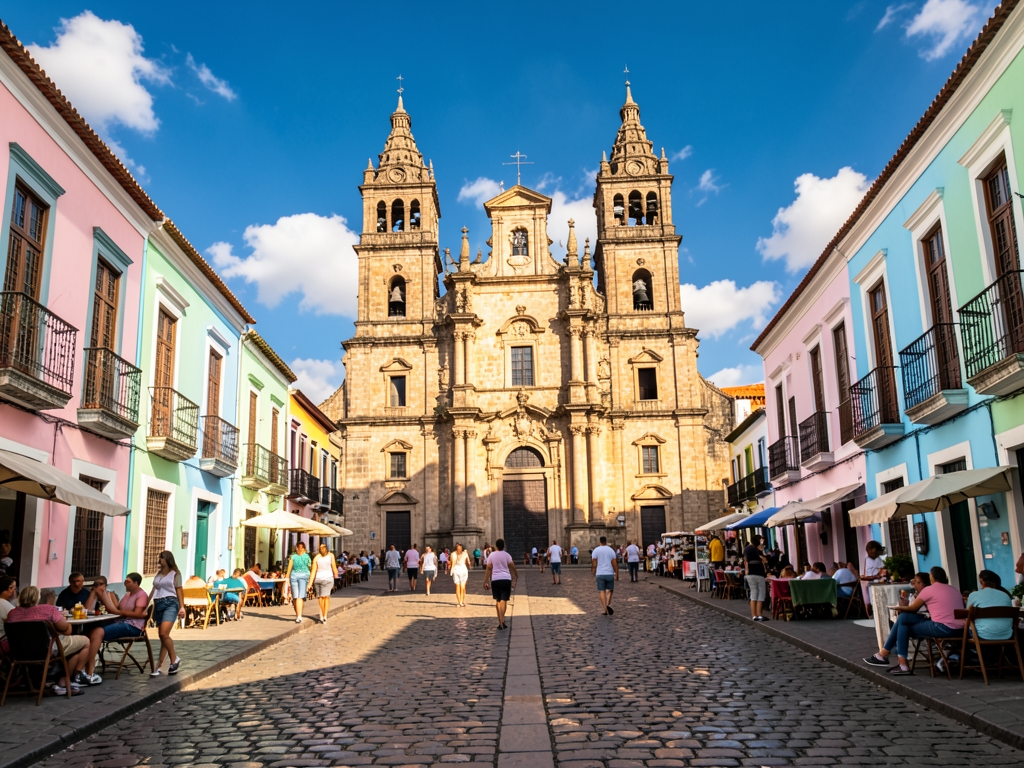 Sunlit colonial Mexican plaza with stone cathedral colorful