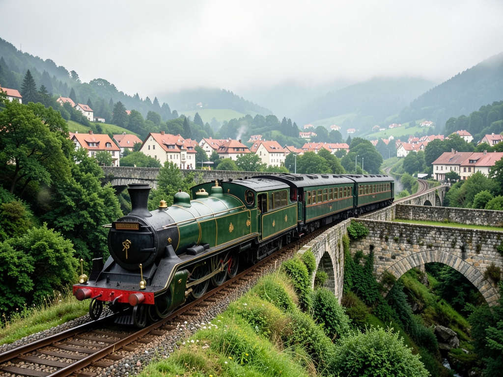 vintage train winds through misty European hills passing