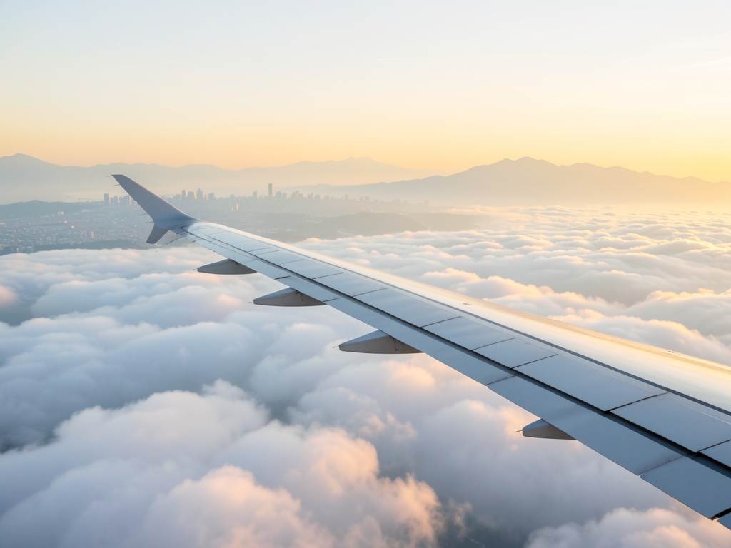 airplane wing above clouds approaching Tokyo golden hour
