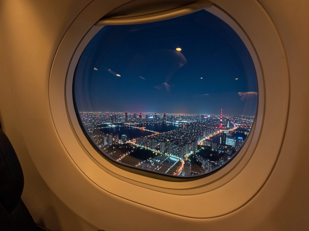 Night arrival over Tokyo glowing city skyline seen