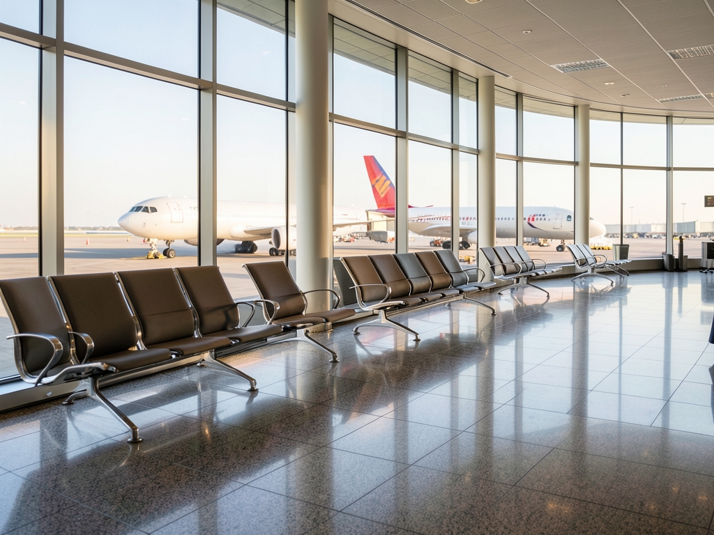 Sunlit terminal gate with empty rows seats distant