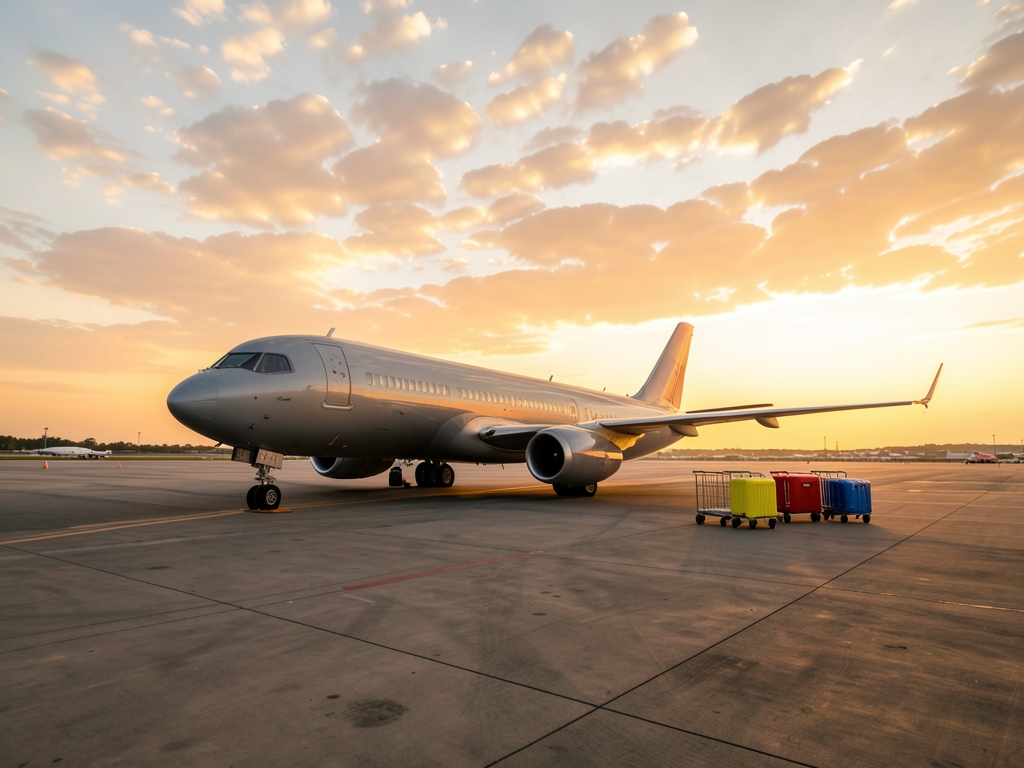Airport tarmac golden sunset with parked luggage carts