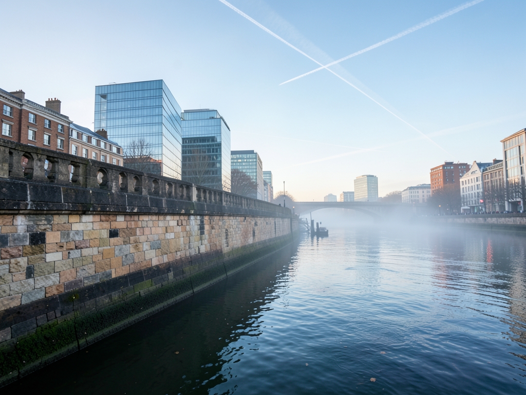 Thames riverside misty dawn with historic stone embankments
