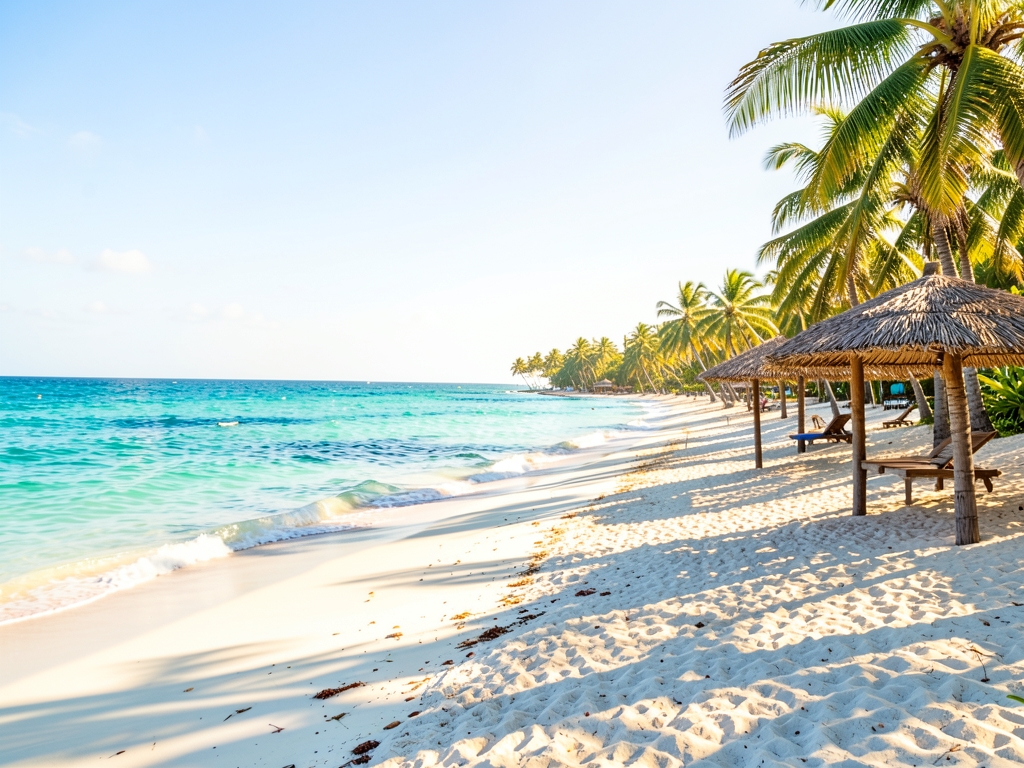 Sunlit Cancun beach with turquoise water white sand