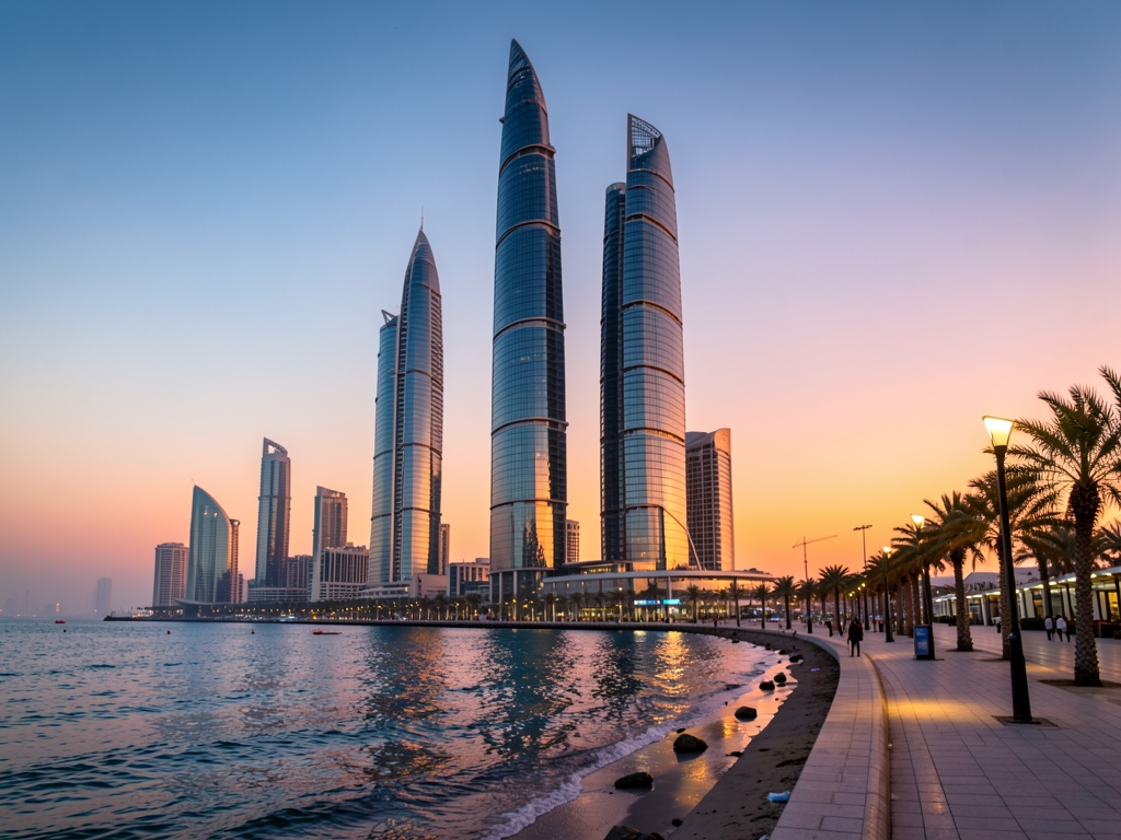 Doha waterfront with modern glass towers warm sunset