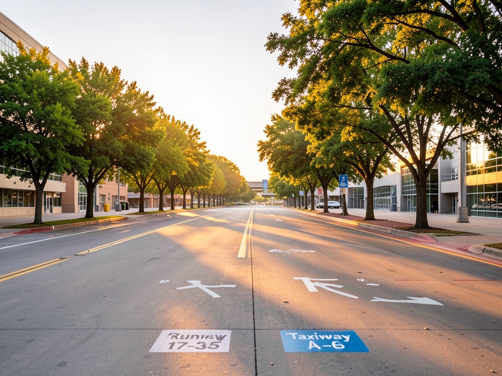 Warm golden hour light bathes quiet tree lined runway